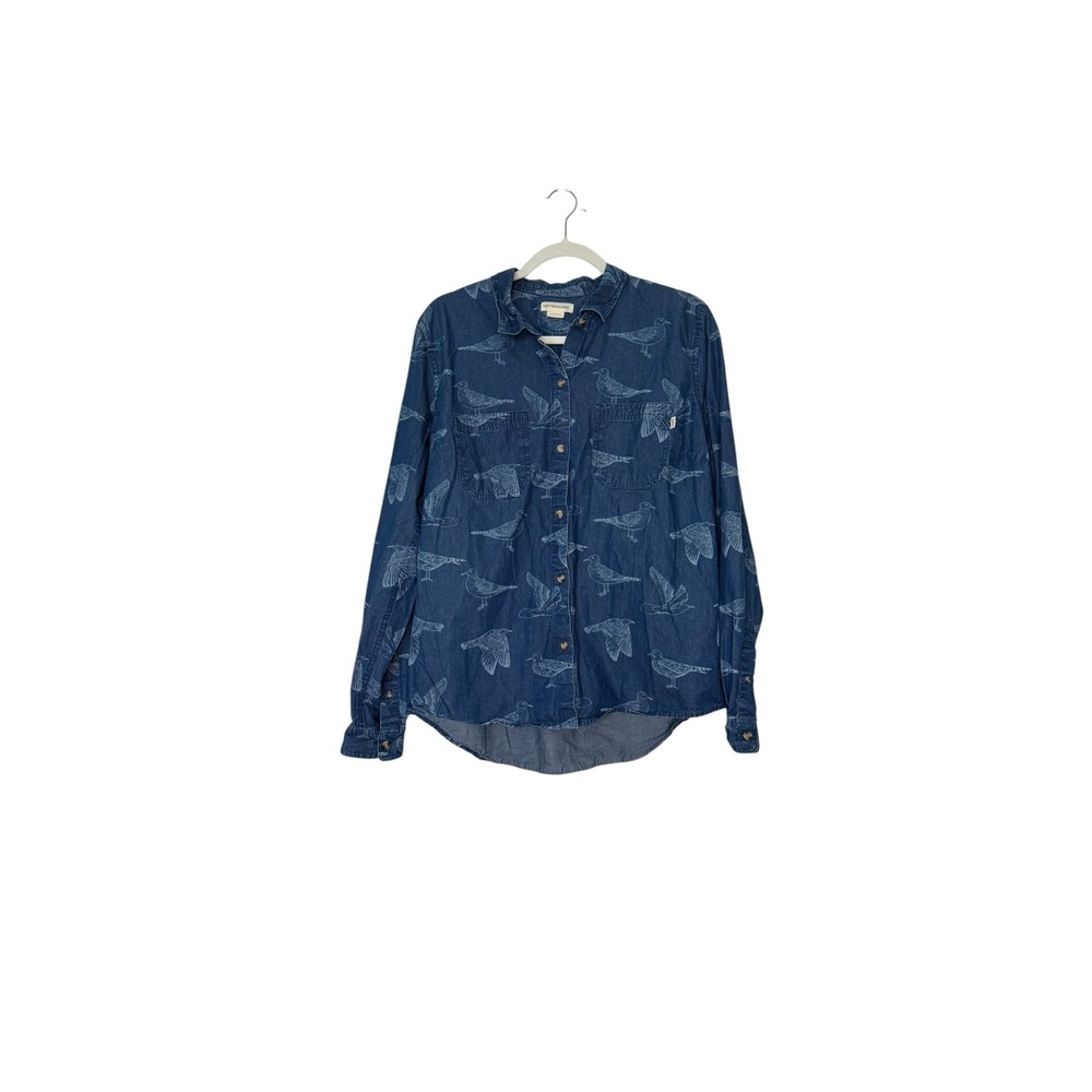 Obey Propaganda Mens Large Blue Denim Bird Print Button Down Shirt Casual Ocean